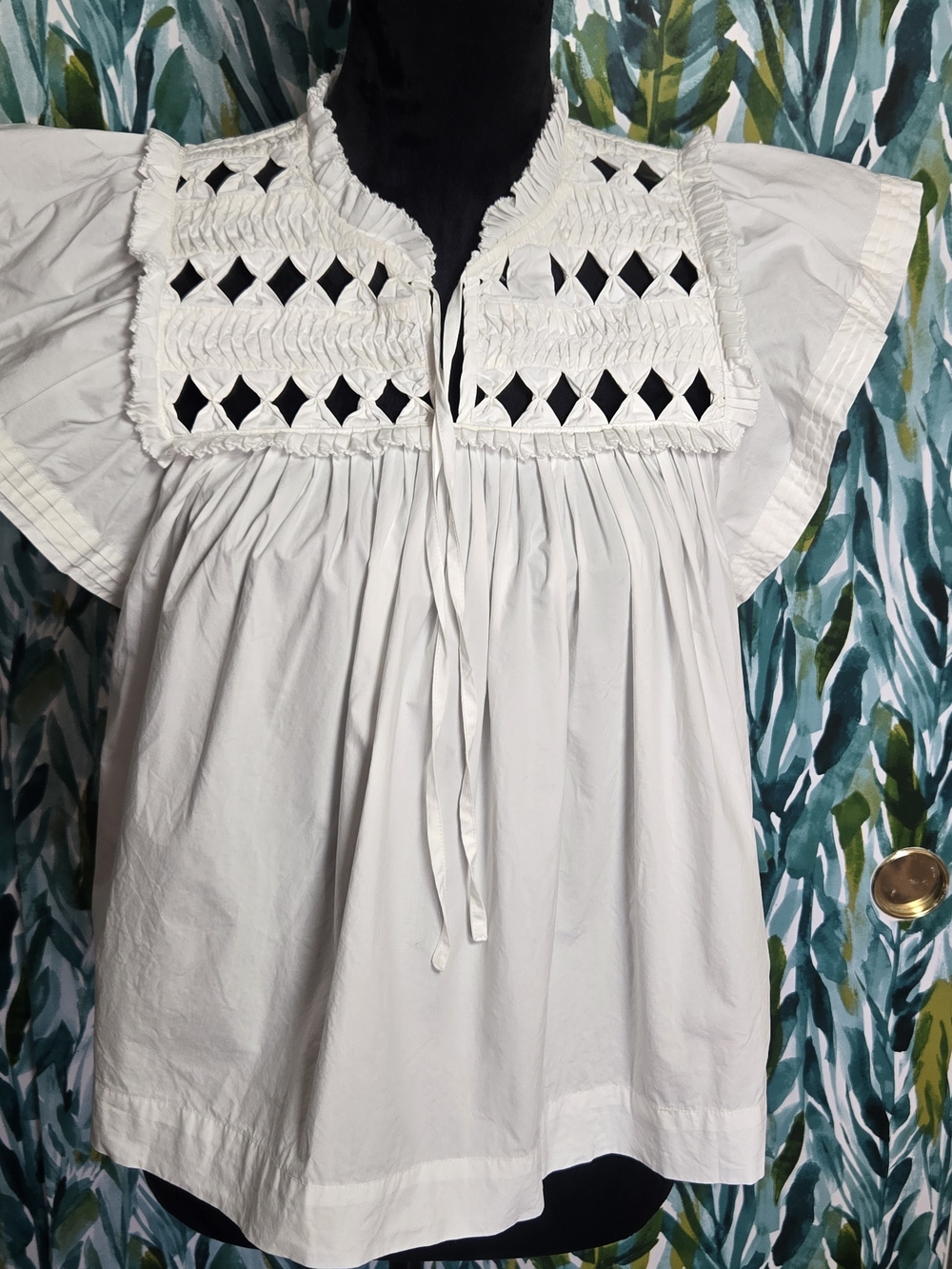 Sea New York Phoebe Smocked Diamond Flutter Sleeve Cotton Top White